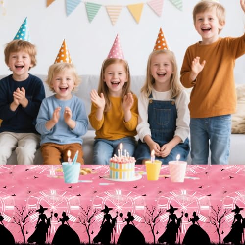 4 Pack Pink and Green Witch-Themed Disposable Tablecloths - 54 x 108 Inches