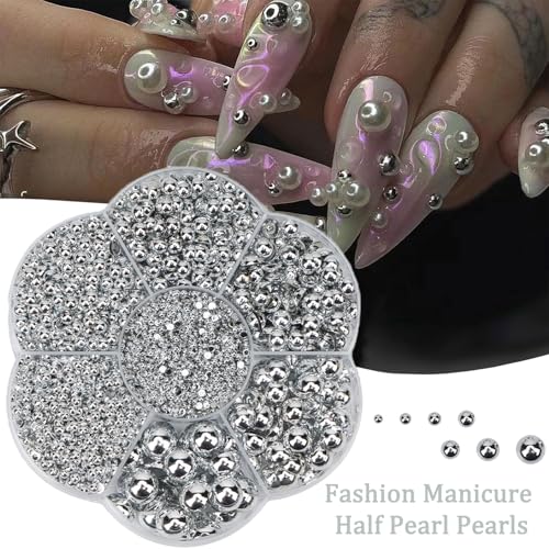 Mdscve 6100Pcs Nail Pearls Flatback Half Rounds with Tweezers & Picker Pencil – Silver