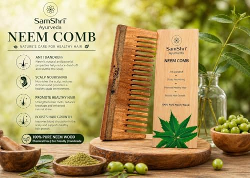 Neem Wood Shampoo Comb - Natural Wide Tooth Detangling Comb for All Hair Types