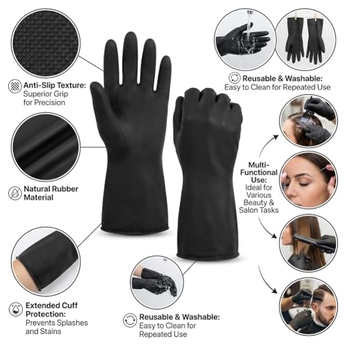 Professional Hair Dye Gloves - 2 Pcs Black Reusable Rubber