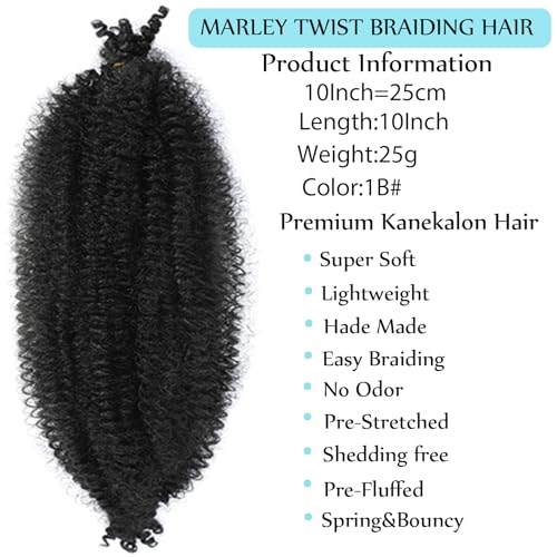 Miyamarch 10 Inch Springy Afro Twist Hair - 8 Packs Black Marley Hair for Kinky Styles