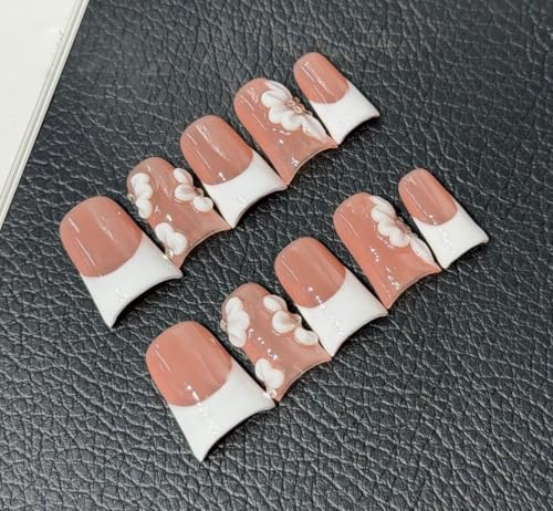 Large Handmade Press-On Nails Set with 3D Flower French Tip - Nude Pink