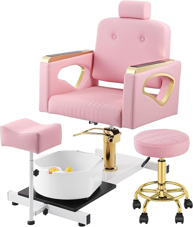 Pink Spa Pedicure Chair - No Plumbing, Portable 360° Rolling Stool | Nail Tech Beauty Salon Equipment