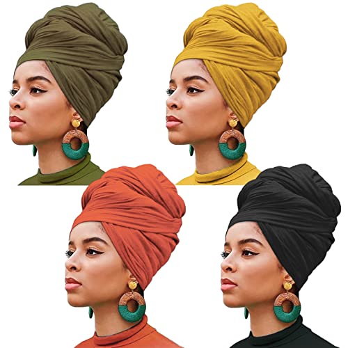 XTREND 4 Pack Solid Color Stretch Jersey Head Wraps - Black, Army Green, Turmeric, Orange