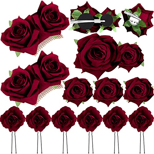 Wine Red Rose Hair Clips & Brooches Set for Weddings & Bridal | Floral Accessories for Women