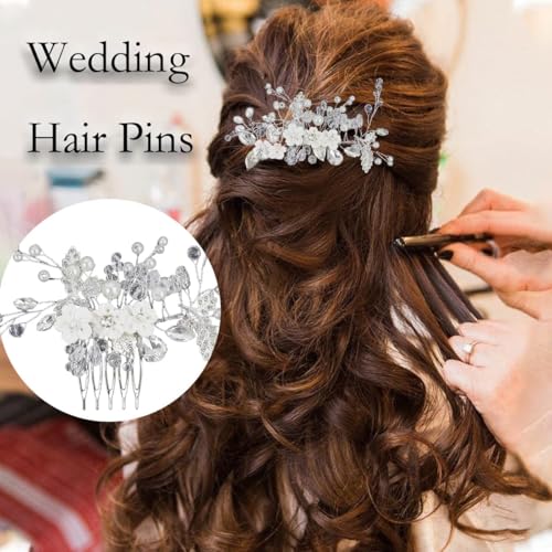Silver 6 Pcs Bridal Flower Hair Pins with Crystal Pearls & Rhinestones