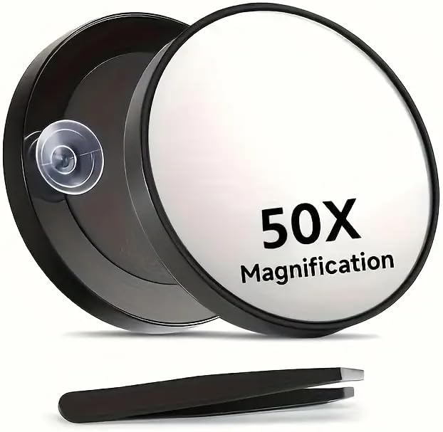 50X Magnifying Makeup Mirror - 3.5 Inch Compact Round Design with 2 Suction Cups | Perfect for Eyebrow Tweezing, Blemish Removal, Beard Grooming