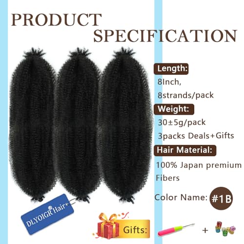Dlyoigr 8-Inch Pre-Separated Springy Afro Twist Hair Extensions - Pack of 3