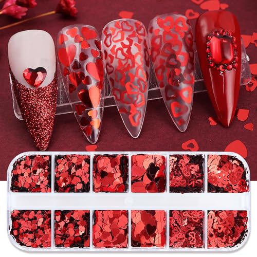 Colorful Valentine's Holographic Nail Art Glitters with Red Heart Charms - 12 Grids