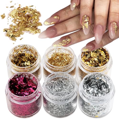 Fcozpjk Gold Foil Flakes for Nail Art - 6PCS Gilding Flakes Set