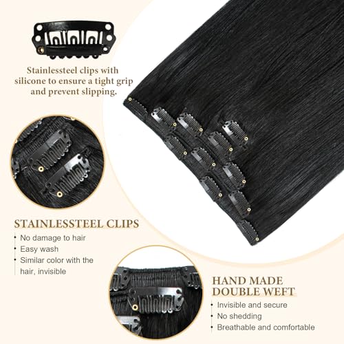 Clip-In Human Hair Extensions 14 Inch Natural Black Brazilian Straight 60G