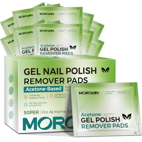Morovan Gel Nail Polish Remover Pads - 50 Individually Sealed Acetone Wipes for Soak-Off UV/LED Gel Nails