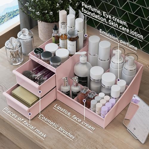 DancesCat Pink 2-Drawer Makeup Organizer, 7-Compartment Vanity Storage