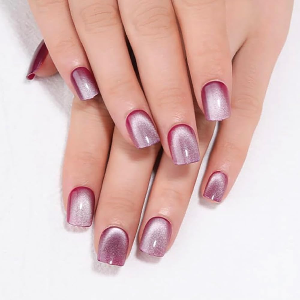 Aqua Blue Cat Eye Press-On Nails - Medium Square Chrome Design | Holographic Glitter Gel Acrylic Reusable