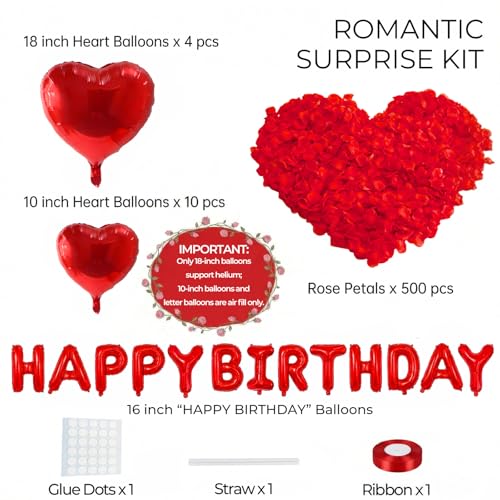 Romantic Birthday Balloon Set with Red Heart Balloons & Rose Petals