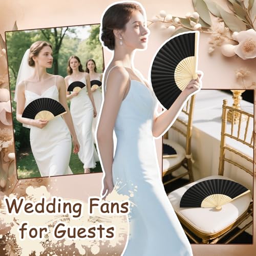 HJX 12Pcs Black Paper Hand Fans - Elegant Wedding Party Favors