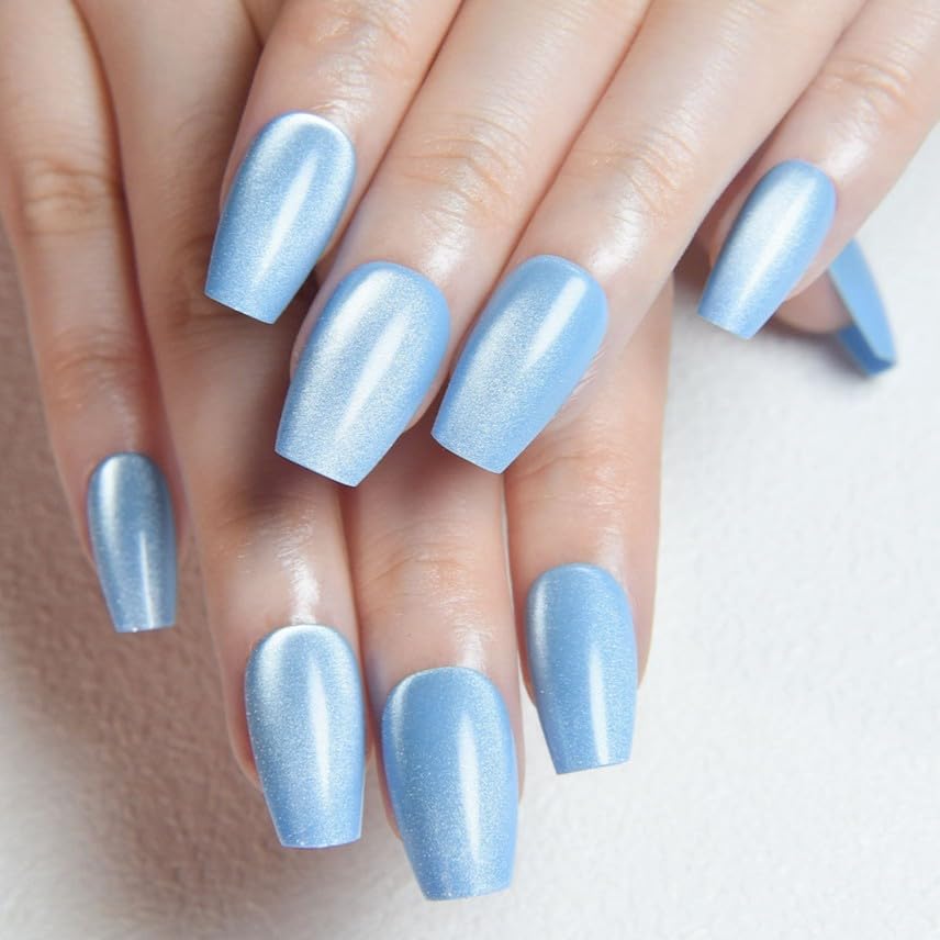 Aqua Blue Cat Eye Press-On Nails - Medium Square Chrome Design | Holographic Glitter Gel Acrylic Reusable