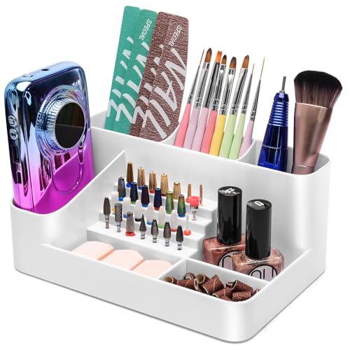 White CGBE Nail Drill Holder with 28 Holes & Storage Compartments