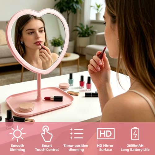 Heart-Shaped LED Makeup Mirror with 3 Light Colors for Girls