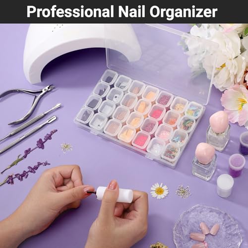COSICS Clear 28-Grid Nail Art & Jewelry Organizer Box with Lids, Plastic Storage Case