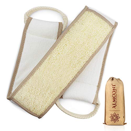 Tan Back Scrubber - Extra-Long Natural Loofah Sponge with Cotton Handles