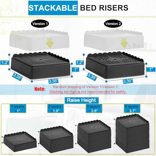 Adjustable Bed Risers - Heavy Duty 1 to 4 Inch Stackable Furniture Lifts (6 Pack, Black)
