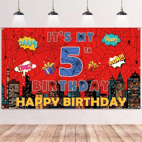 Spider Web 5th Birthday Banner - Large Red & Blue Photo Backdrop