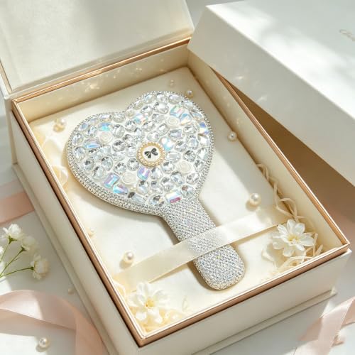 Frinnovan Large White Rhinestone Heart Handheld Mirror with Handle - Glamour Cosmetic Mirror (Large-White)
