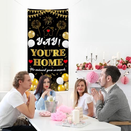 Welcome Home Banner - Black and Gold Party Decoration 70.8x35.4in