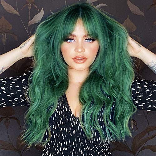 ANDRIA 26 Inch Ombre Green Wavy Wig with Bangs - Synthetic Heat Resistant Hair