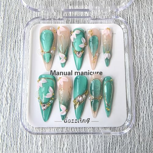 Green Cat Eye Press On Nails with 3D Flower Rhinestone Design - Size M