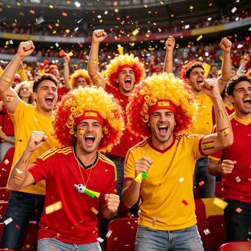 HWQVA Spain Soccer Fan Gear Set with Temporary Tattoos, Wig & Loud Horn – World Cup Celebration