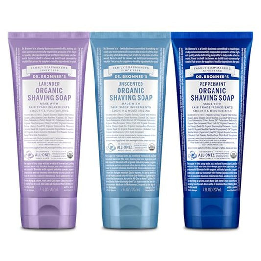 Dr. Bronner's - Organic Shaving Soap (7 oz, 3-Pack, Variety Pack) Lavender, Baby Unscented, & Peppermint - Certified Organic, Sugar & Shikakai Powder, Moisturizes, Use on Face, Underarms, & Legs