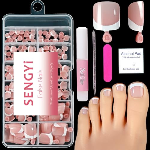 SENGYi Nude-White French Tip Press On Toenails Kit with Nail Glue, 120 Pcs