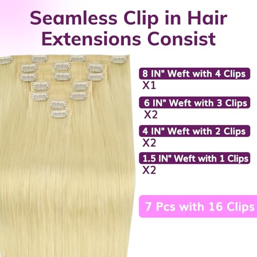 IDN BEAUTY 14 Inch Seamless Clip In Human Hair Extensions, 110g Blonde Remy