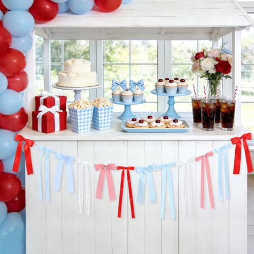 Cherry Gingham Bow Garland with Lace Accents - Party Decoration