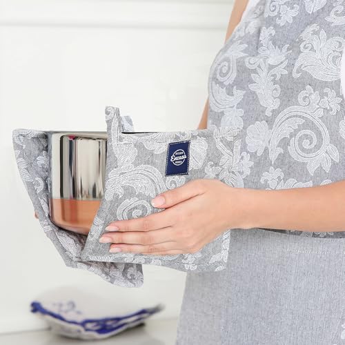 Encasa XO Heat-Resistant Quilted Pot Holders - Set of 2, 8"x8" Grey
