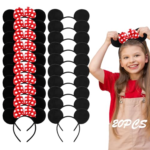 Lucky Will 20 Pack Mouse Ears Headbands with Red Bow - Kids & Adults