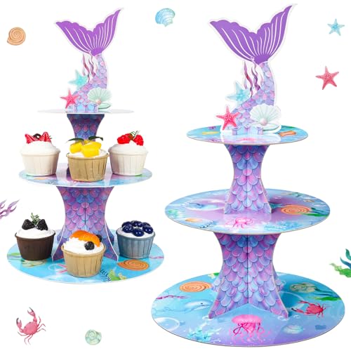 Mermaid Cupcake Stand Set - 2 Three-Tier Cardboard Holders for Parties