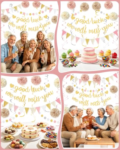 Good Luck We Will Miss You Banner - Pink Gold Farewell Decorations Kit