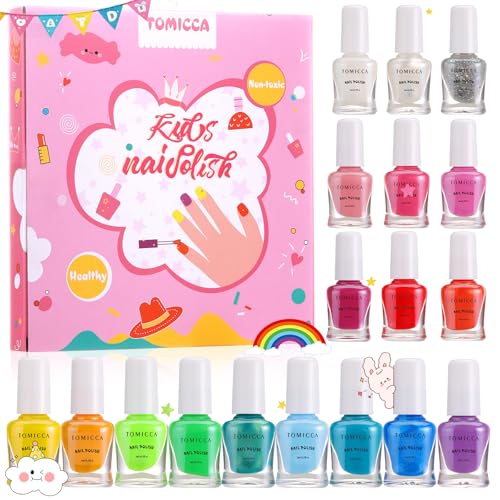 TOMICCA 18 Pcs Kids Nail Polish Set - Non-Toxic, Peel Off, Quick Dry