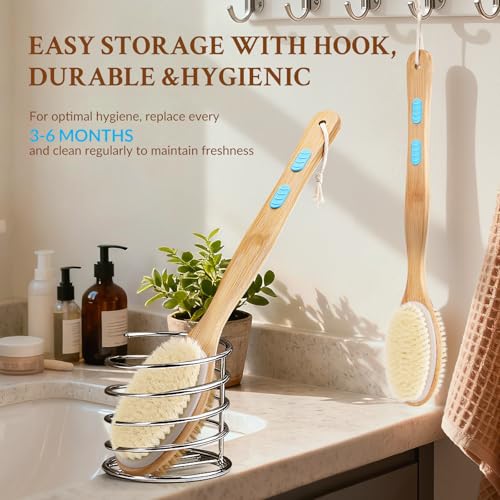 Anti-slip 2-Pk Double-Sided Body Brush with Long Handle – Back Scrubber, Soft & Firm Bristles, Wet/Dry