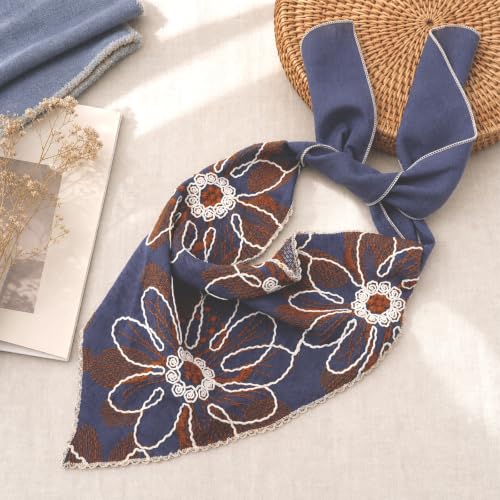 Dusty Blue Floral Embroidered Triangle Head Scarf for Women