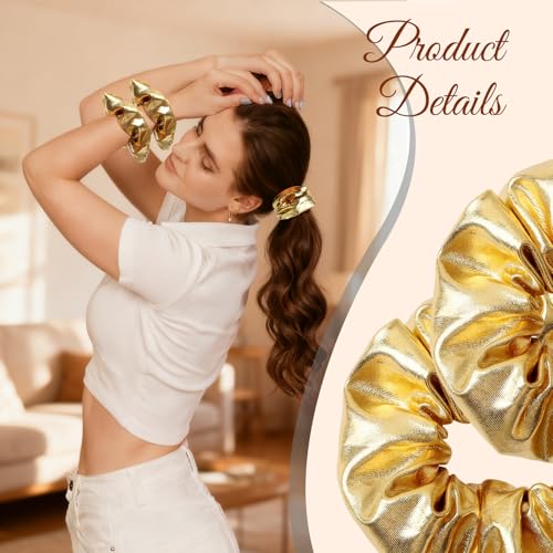 Gold PU Leather Hair Scrunchies - 4 Pack for Women & Girls