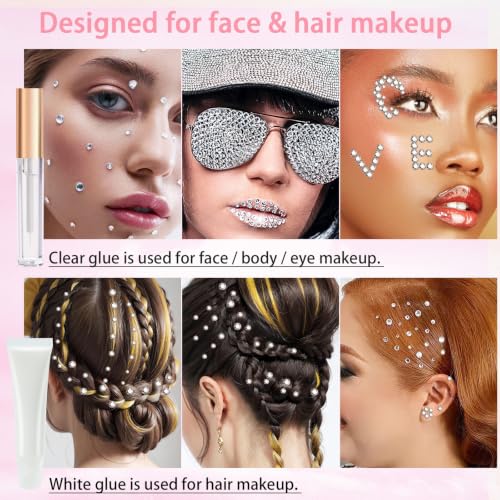 LOIKMIUP Silver Clear Rhinestones Face Gems with Makeup Glue - for Face & Hair Art, Festival & Party Looks, 2000pcs, Multiple Sizes