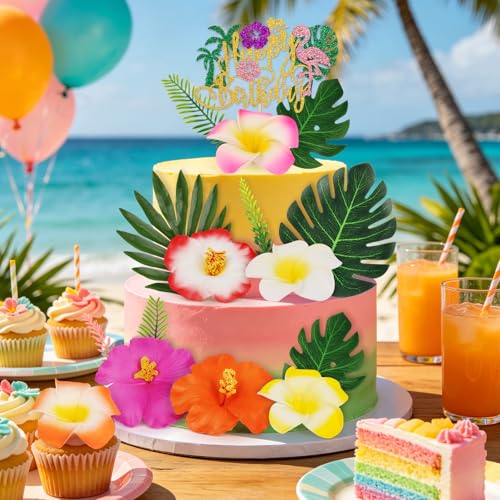 16PCS Tropical Hawaiian Flower Cake Toppers for Summer Parties