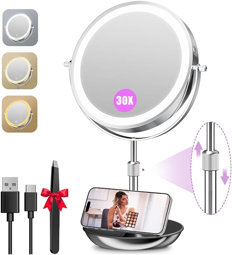 Large Lighted Makeup Mirror - 9" Double-Sided 1X/30X Magnification, Adjustable Height, Rechargeable with 3 Color Dimmable Lights | 360° Rotation