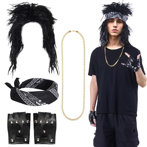 1980s Rocker Costume Set with Wig, Fingerless Gloves, and Accessories