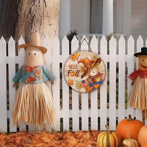 Hello Fall Scarecrow Wooden Door Sign - Autumn Decor 12x12