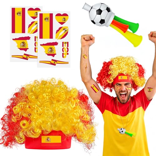 HWQVA Spain Soccer Fan Gear Set with Temporary Tattoos, Wig & Loud Horn – World Cup Celebration